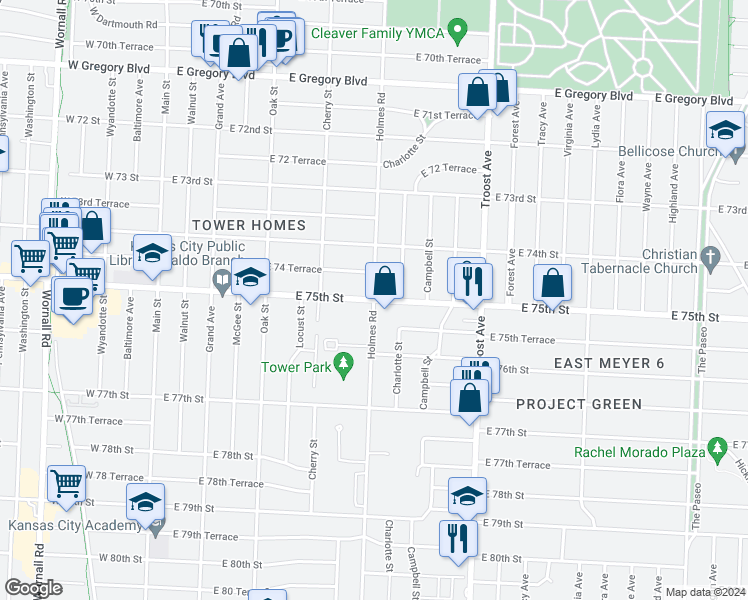 map of restaurants, bars, coffee shops, grocery stores, and more near East 75th Street & Holmes Road in Kansas City