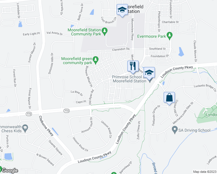 map of restaurants, bars, coffee shops, grocery stores, and more near 22599 Cambridgeport Square in Ashburn
