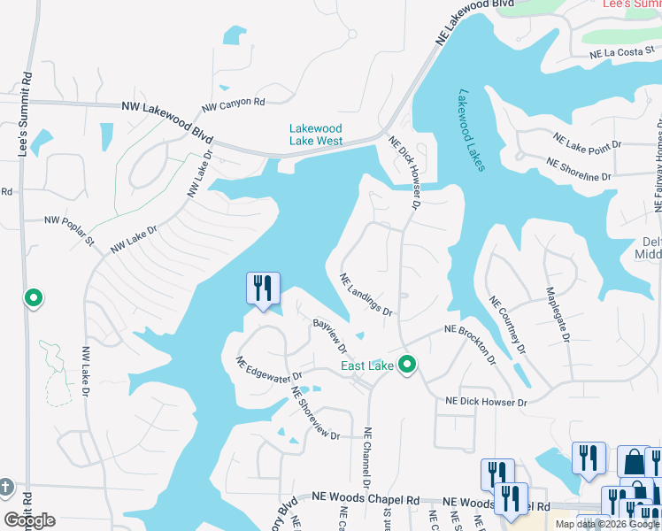 map of restaurants, bars, coffee shops, grocery stores, and more near 310 Northeast Landings Drive in Lee's Summit