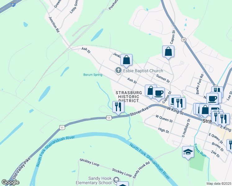 map of restaurants, bars, coffee shops, grocery stores, and more near 579 Orchard Street in Strasburg