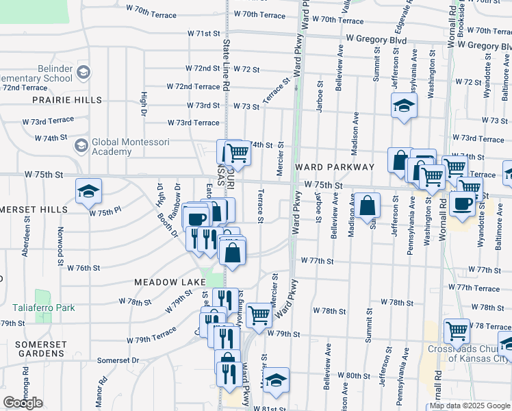 map of restaurants, bars, coffee shops, grocery stores, and more near 7553 Wyoming Street in Kansas City