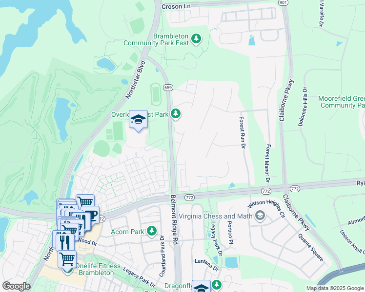 map of restaurants, bars, coffee shops, grocery stores, and more near 22602 Parkland Farms Terrace in Broadlands