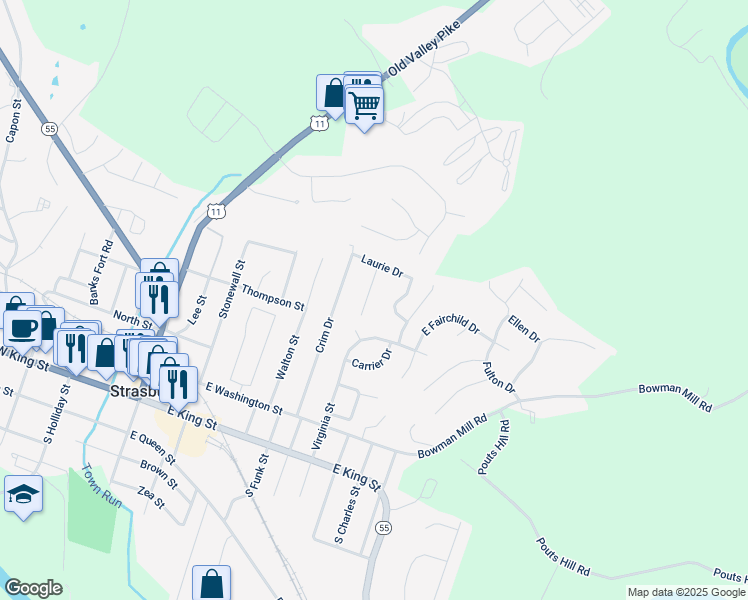 map of restaurants, bars, coffee shops, grocery stores, and more near 412 Rose Lane in Strasburg