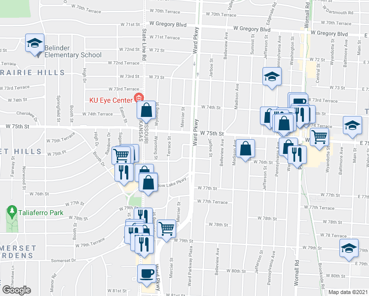 map of restaurants, bars, coffee shops, grocery stores, and more near 1205 West 75th Terrace in Kansas City