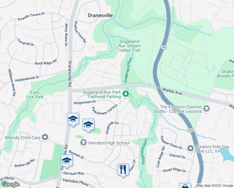 map of restaurants, bars, coffee shops, grocery stores, and more near 12260 Streamvale Circle in Herndon