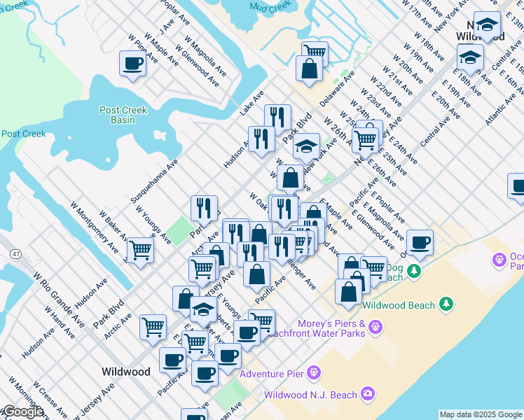 map of restaurants, bars, coffee shops, grocery stores, and more near 154 West Oak Avenue in Wildwood