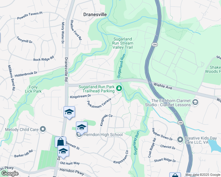 map of restaurants, bars, coffee shops, grocery stores, and more near 12260 Streamvale Circle in Herndon