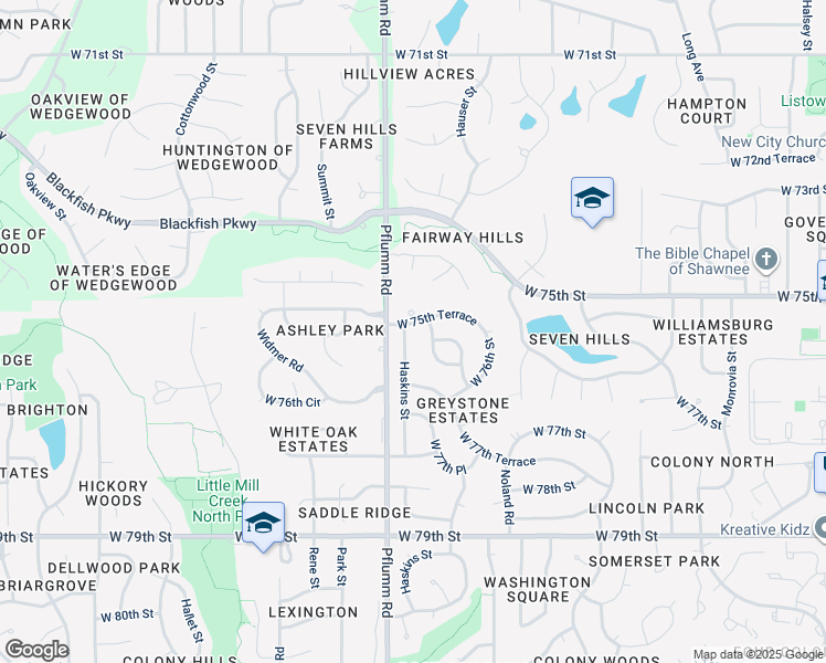 map of restaurants, bars, coffee shops, grocery stores, and more near 13310 West 75th Terrace in Shawnee
