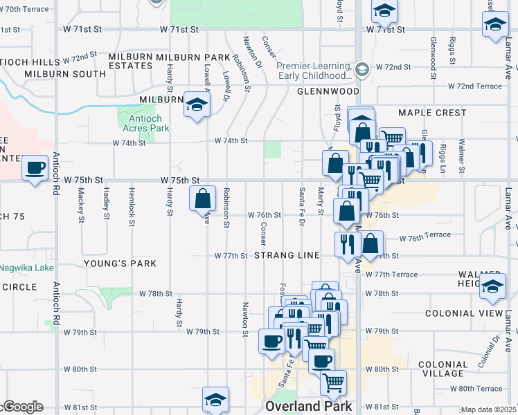 map of restaurants, bars, coffee shops, grocery stores, and more near 7508 Conser in Overland Park