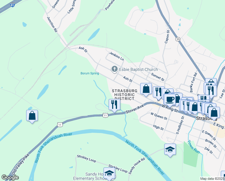 map of restaurants, bars, coffee shops, grocery stores, and more near 579 Orchard Street in Strasburg