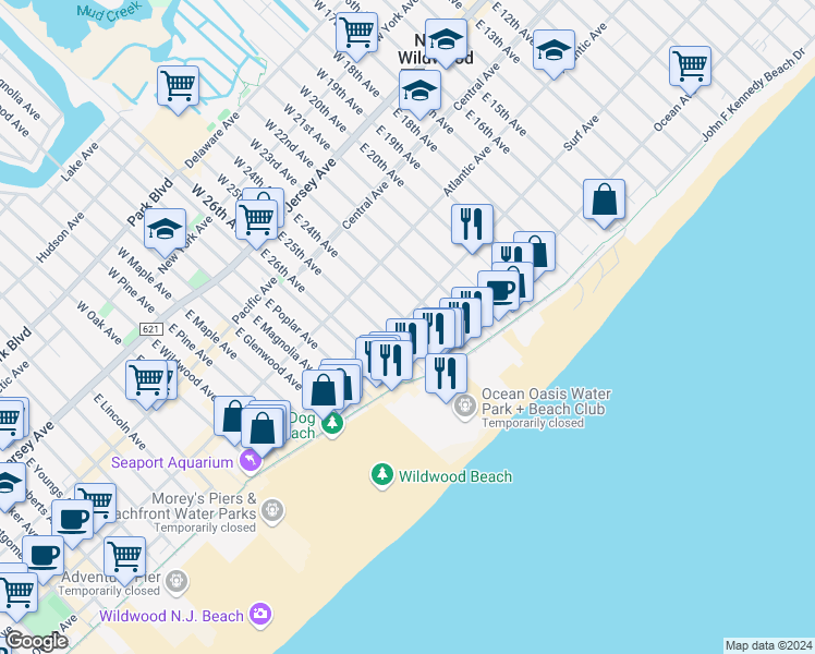 map of restaurants, bars, coffee shops, grocery stores, and more near 2313 Surf Avenue in Wildwood