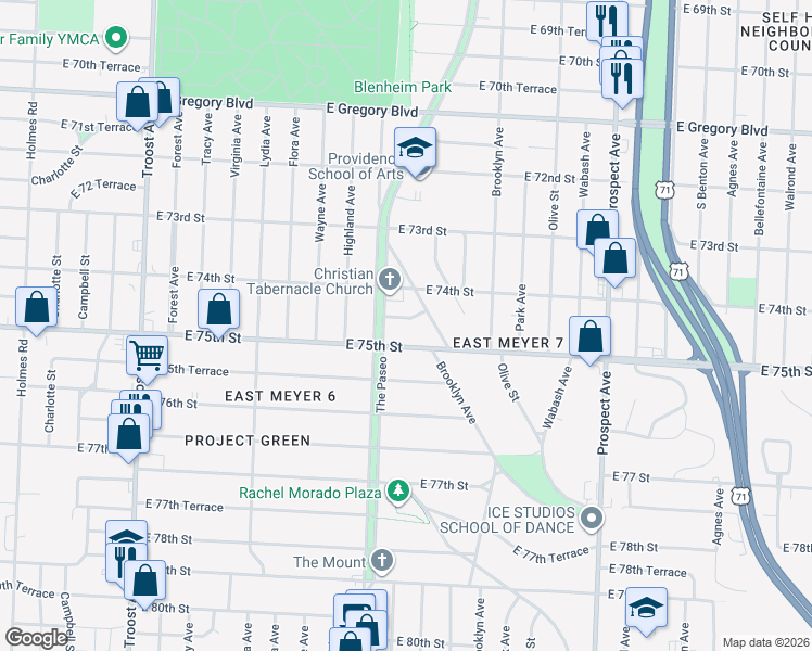map of restaurants, bars, coffee shops, grocery stores, and more near 7415 Arleta Boulevard in Kansas City
