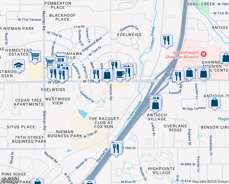 map of restaurants, bars, coffee shops, grocery stores, and more near 10211 West 75th Street in Overland Park