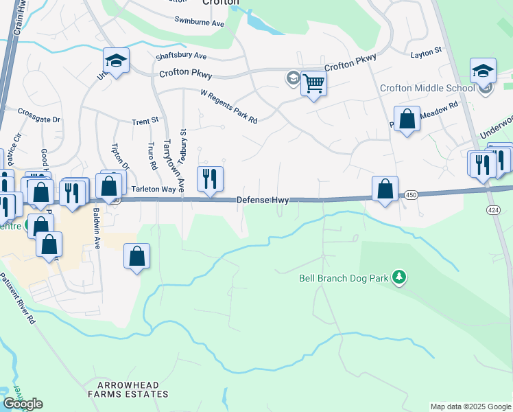 map of restaurants, bars, coffee shops, grocery stores, and more near 1531 Defense Highway in Gambrills