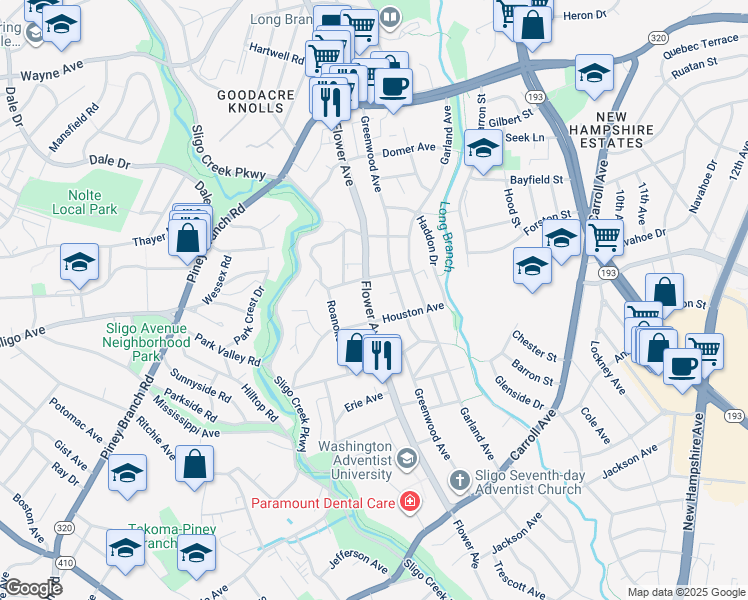 map of restaurants, bars, coffee shops, grocery stores, and more near 8209 Flower Avenue in Takoma Park