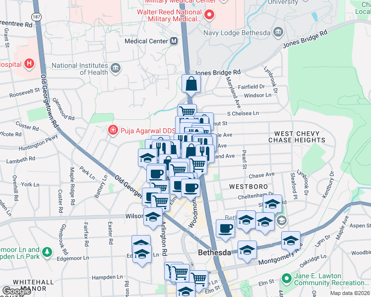 map of restaurants, bars, coffee shops, grocery stores, and more near 8200 Woodmont Avenue in Bethesda