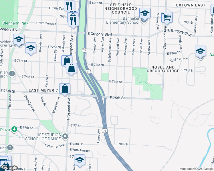 map of restaurants, bars, coffee shops, grocery stores, and more near 7349 Bellefontaine Avenue in Kansas City