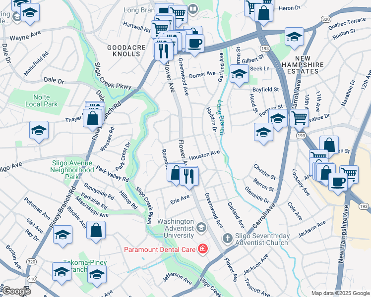 map of restaurants, bars, coffee shops, grocery stores, and more near 8209 Flower Avenue in Takoma Park