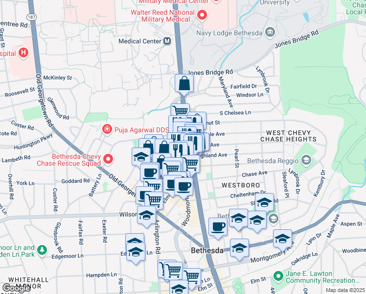 map of restaurants, bars, coffee shops, grocery stores, and more near 8200 Wisconsin Avenue in Bethesda