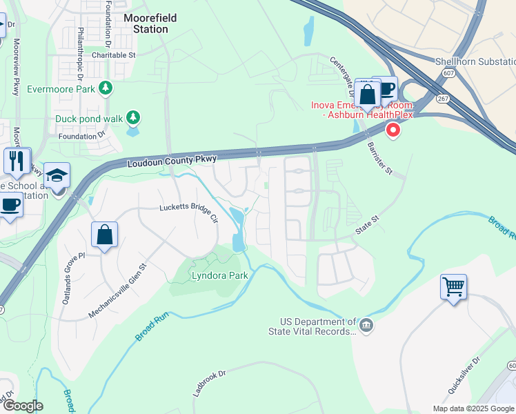 map of restaurants, bars, coffee shops, grocery stores, and more near 43714 Banshee Heights Terrace in Ashburn