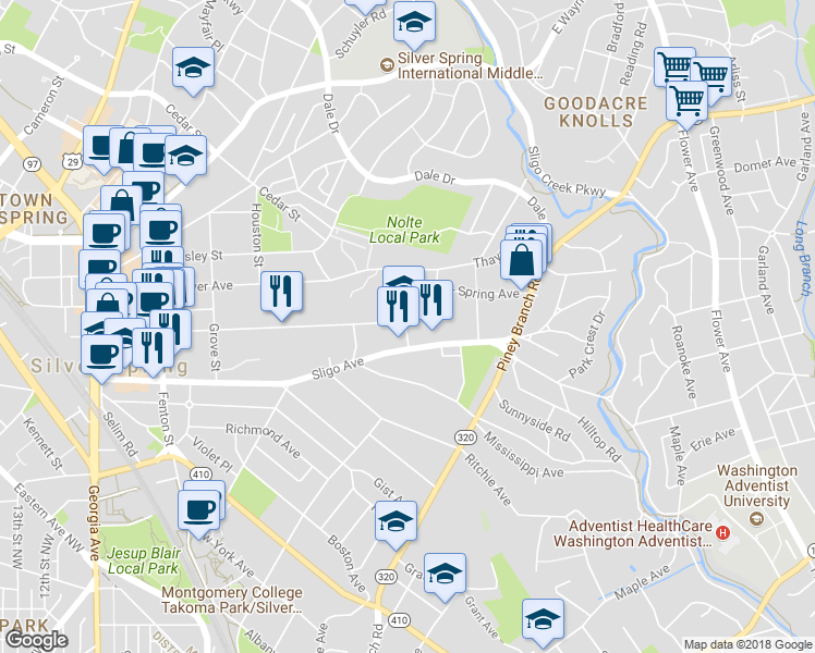 map of restaurants, bars, coffee shops, grocery stores, and more near 8298 Schrider Street in Silver Spring