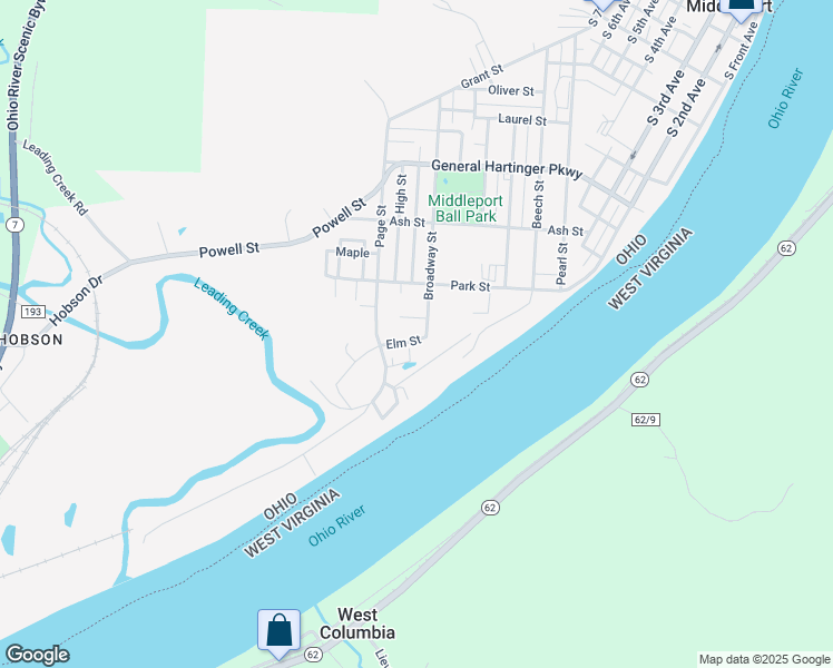 map of restaurants, bars, coffee shops, grocery stores, and more near 305 Broadway Street in Middleport