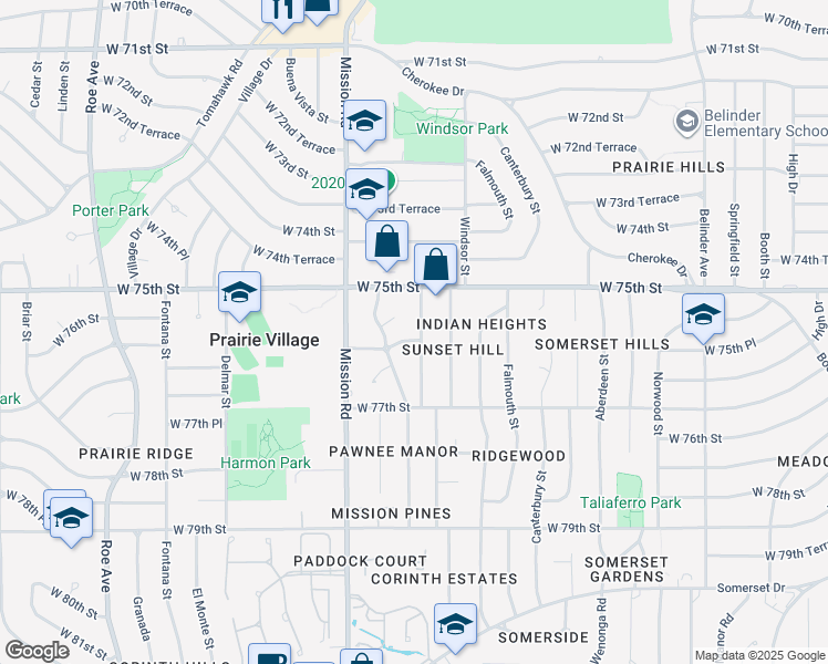 map of restaurants, bars, coffee shops, grocery stores, and more near 7518 Pawnee Street in Prairie Village