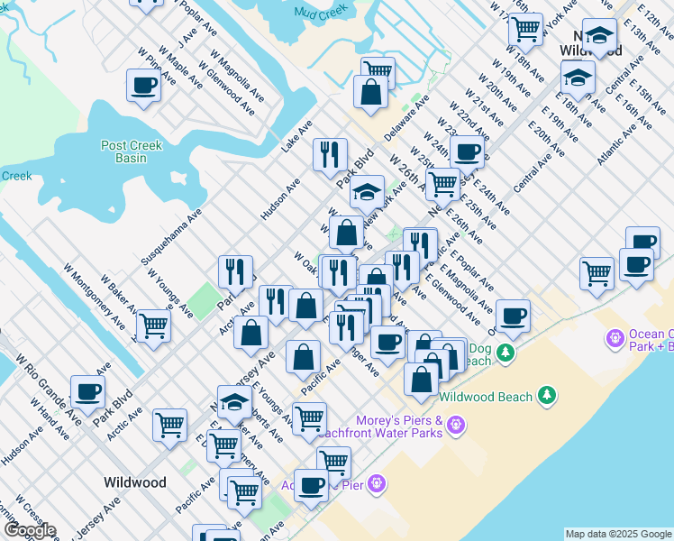 map of restaurants, bars, coffee shops, grocery stores, and more near in Wildwood