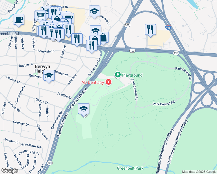 map of restaurants, bars, coffee shops, grocery stores, and more near 6100 Westchester Park Drive in College Park