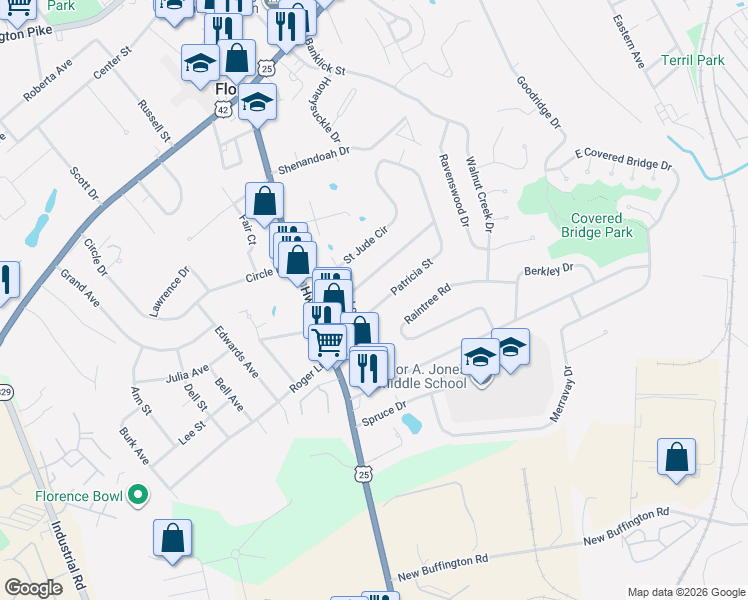 map of restaurants, bars, coffee shops, grocery stores, and more near 11 Saint Jude Circle in Florence