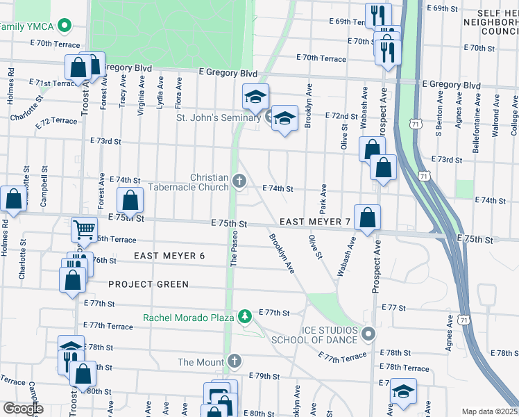 map of restaurants, bars, coffee shops, grocery stores, and more near 7415 Arleta Boulevard in Kansas City