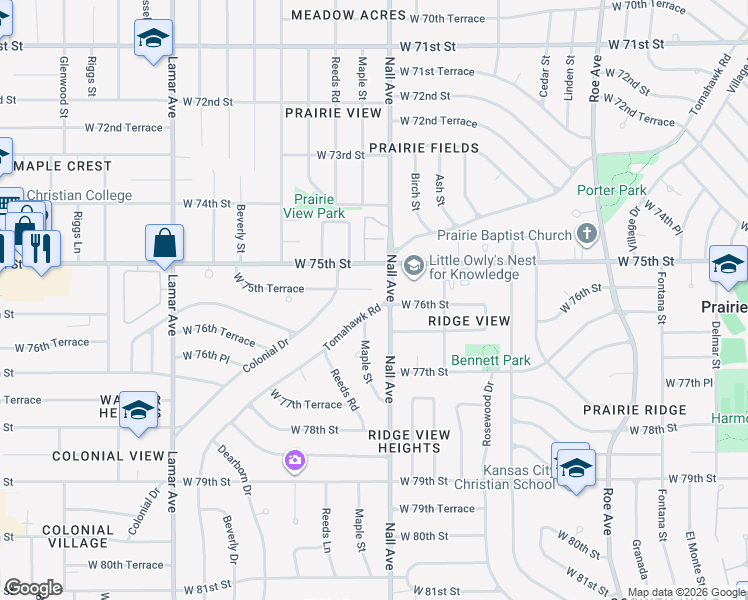 map of restaurants, bars, coffee shops, grocery stores, and more near 5514 West 75th Terrace in Prairie Village