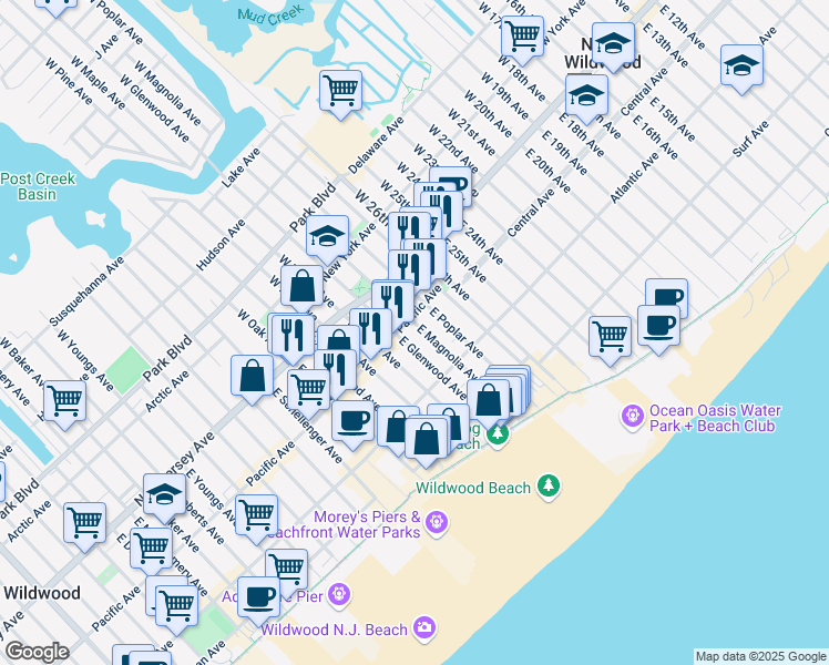 map of restaurants, bars, coffee shops, grocery stores, and more near 206 East Magnolia Avenue in Wildwood