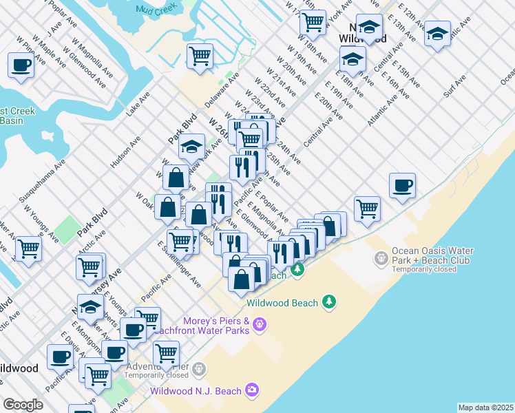 map of restaurants, bars, coffee shops, grocery stores, and more near 219 East Magnolia Avenue in Wildwood