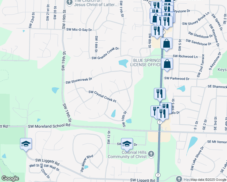 map of restaurants, bars, coffee shops, grocery stores, and more near 2801 Southwest Summer Creek Court in Blue Springs