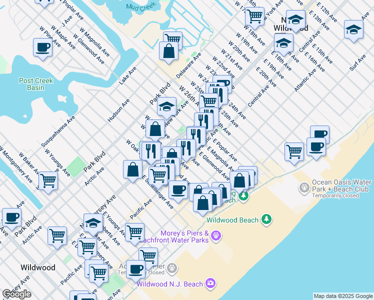 map of restaurants, bars, coffee shops, grocery stores, and more near 121 East Maple Avenue in Wildwood