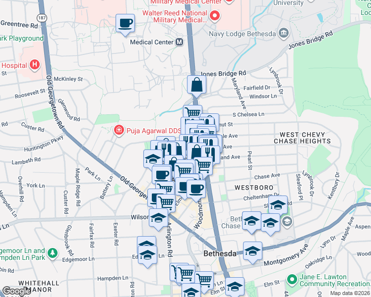 map of restaurants, bars, coffee shops, grocery stores, and more near 8200 Woodmont Avenue in Bethesda