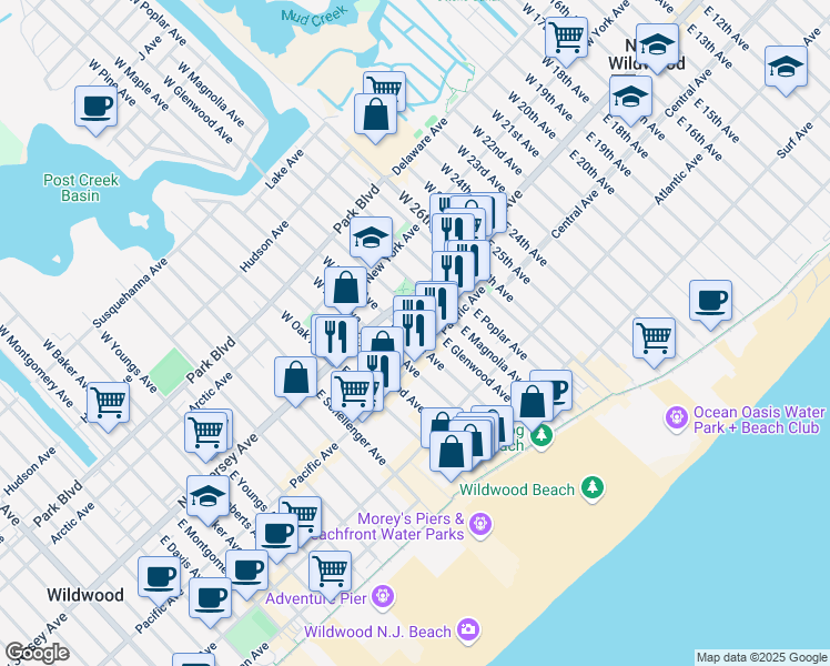 map of restaurants, bars, coffee shops, grocery stores, and more near 121 East Maple Avenue in Wildwood