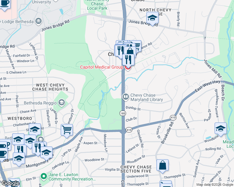 map of restaurants, bars, coffee shops, grocery stores, and more near 8100 Connecticut Avenue in Chevy Chase