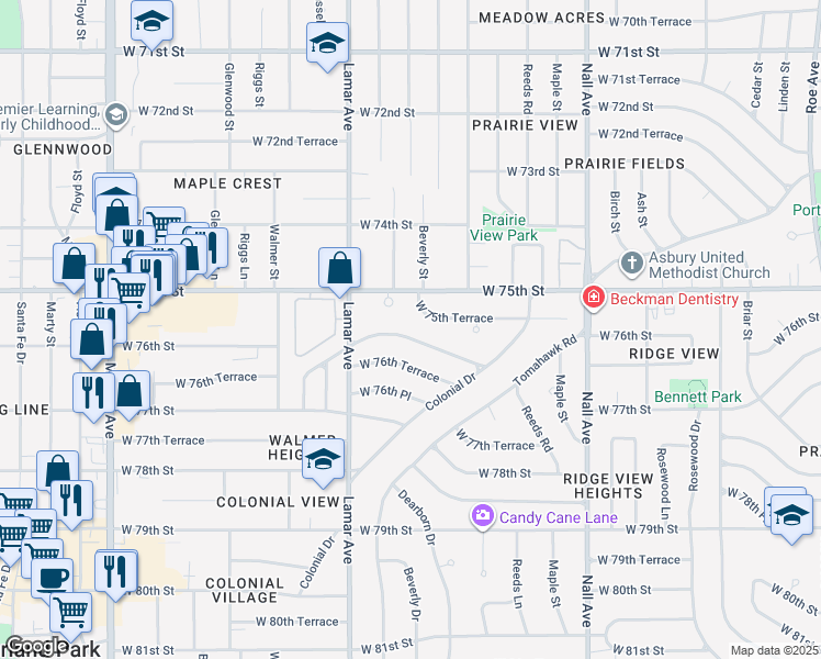 map of restaurants, bars, coffee shops, grocery stores, and more near 6023 West 75th Terrace in Prairie Village