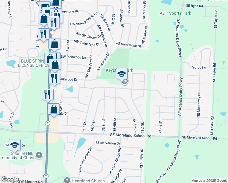 map of restaurants, bars, coffee shops, grocery stores, and more near 2605 Southeast 4th Street in Blue Springs