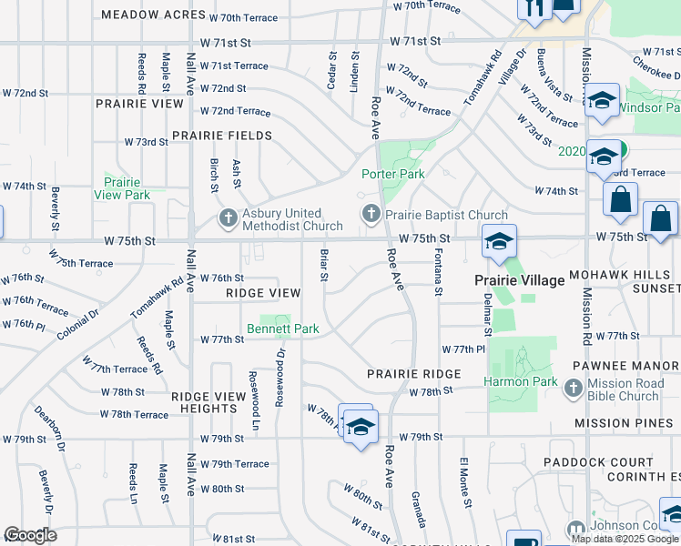 map of restaurants, bars, coffee shops, grocery stores, and more near 7509 Briar Street in Prairie Village