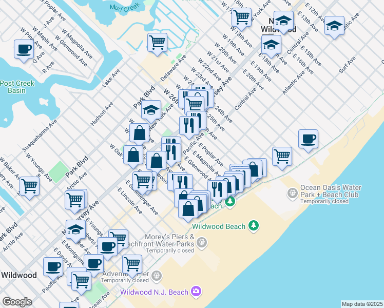 map of restaurants, bars, coffee shops, grocery stores, and more near 206 East Magnolia Avenue in Wildwood