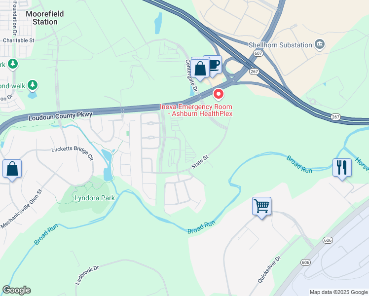 map of restaurants, bars, coffee shops, grocery stores, and more near 22543 Armstrong Terrace in Ashburn