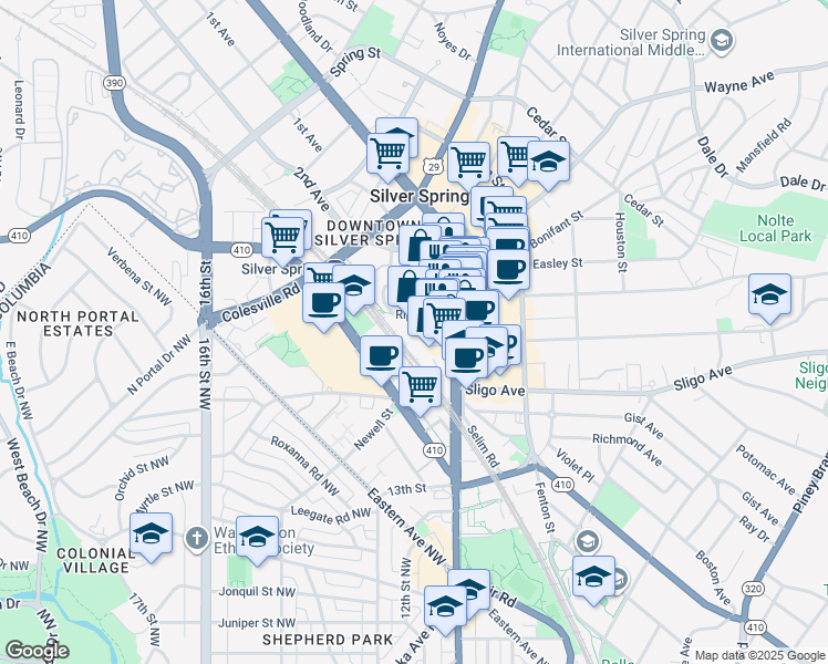 map of restaurants, bars, coffee shops, grocery stores, and more near 8200 Dixon Avenue in Silver Spring