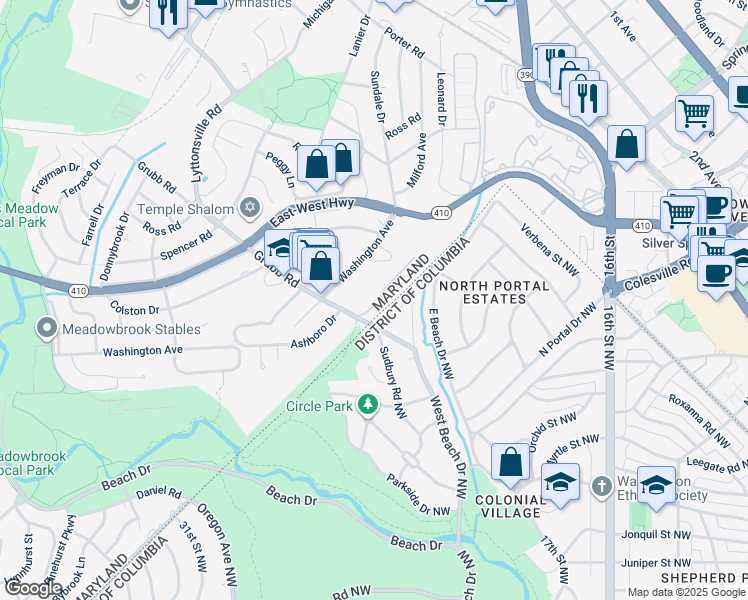 map of restaurants, bars, coffee shops, grocery stores, and more near 2111 Derby Ridge Lane in Silver Spring