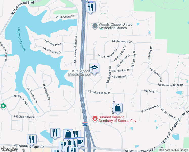 map of restaurants, bars, coffee shops, grocery stores, and more near 4401 Northeast Lakewood Way in Lee's Summit