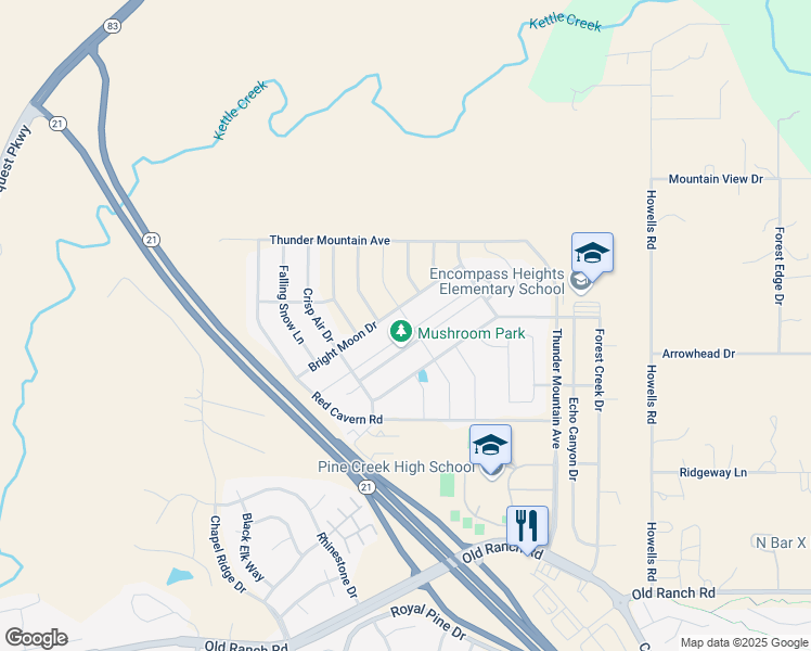 map of restaurants, bars, coffee shops, grocery stores, and more near 3225 Bright Moon Drive in Colorado Springs