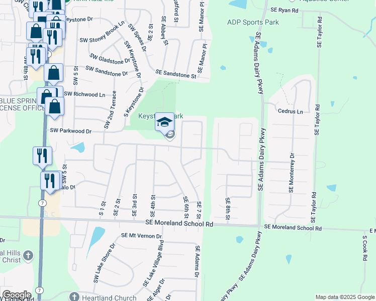 map of restaurants, bars, coffee shops, grocery stores, and more near 701 Southeast Shamrock Lane in Blue Springs