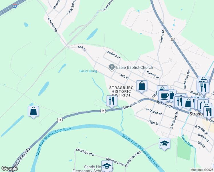map of restaurants, bars, coffee shops, grocery stores, and more near 595 Orchard Street in Strasburg